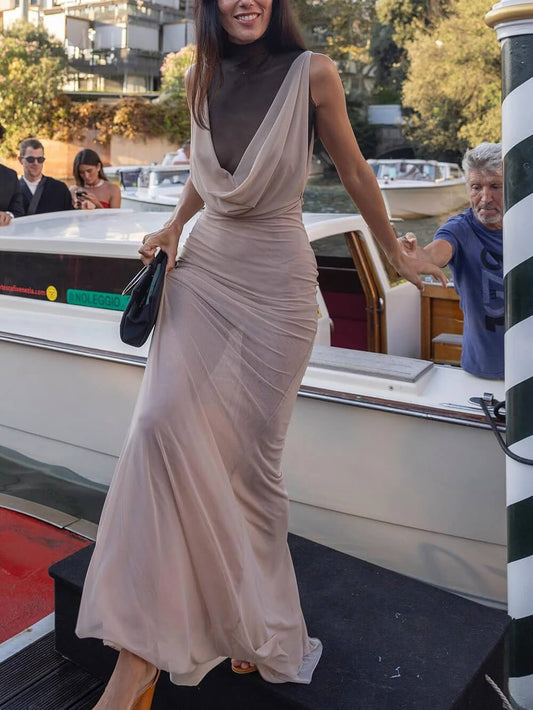 Elegant Sheer Drape-Neck Ruched Front Maxi Dress