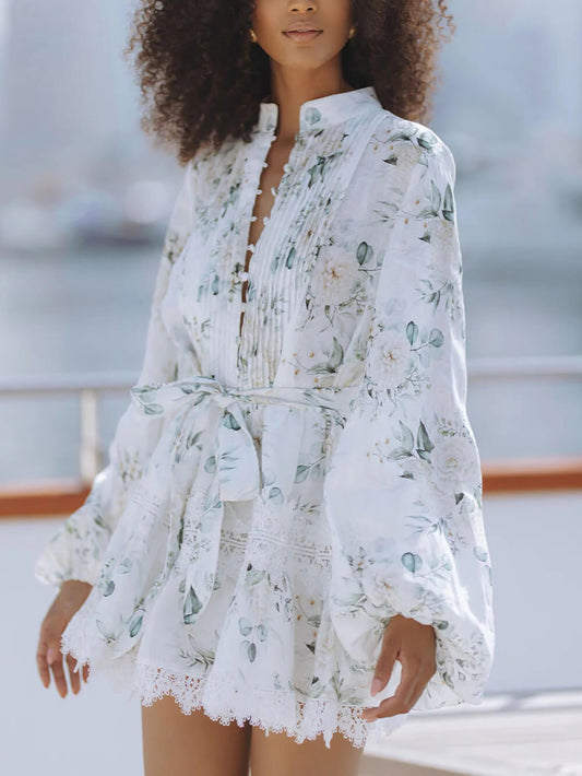 Elegant Floral Print Lace Trim Linen Mini Dress
