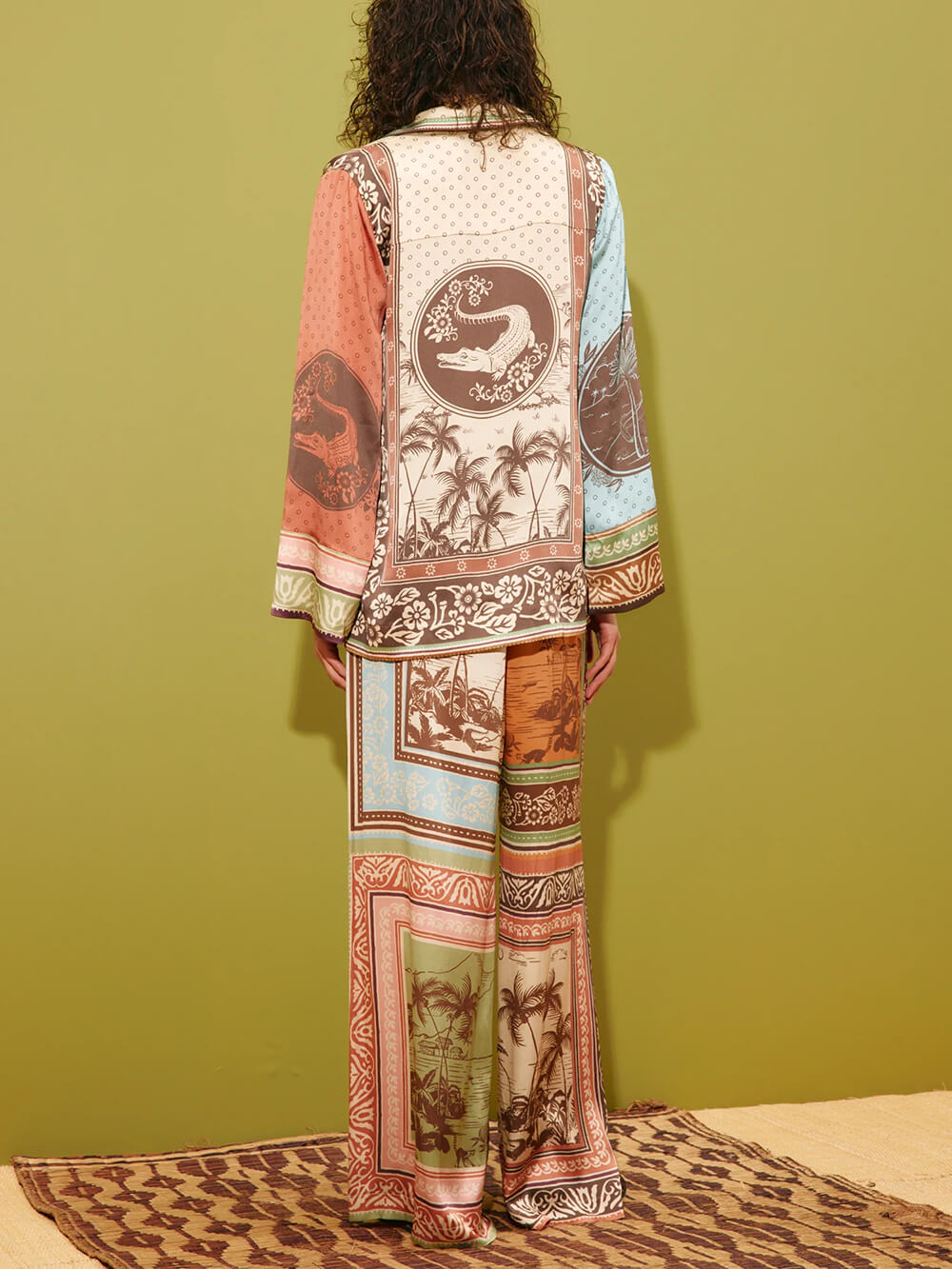Unique Satin Floral Print Elastic-Waist Wide-Leg Pants