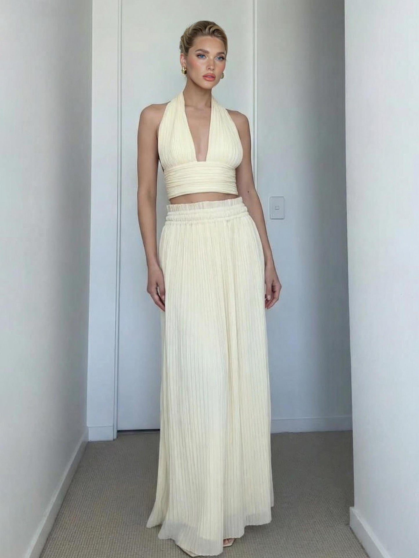 Backless Spaghetti Strap Crop Top &Pleated Maxi Skirt Two-Piece Set Beige