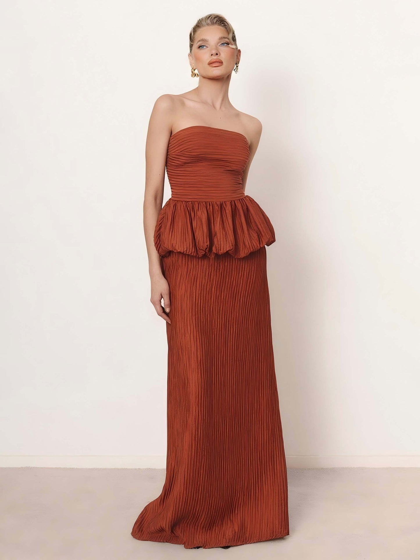Elegant Strapless Ruched Skirt Two-Piece Set Brown