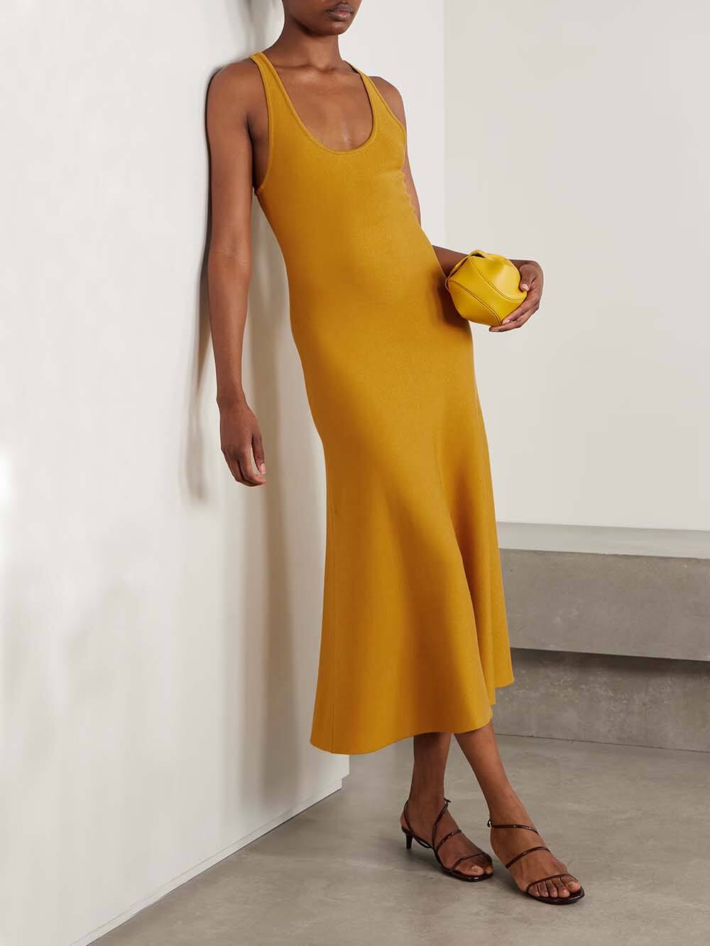 Classic Backless Cross-Front Fitted A-Line Midi Dress Yellow