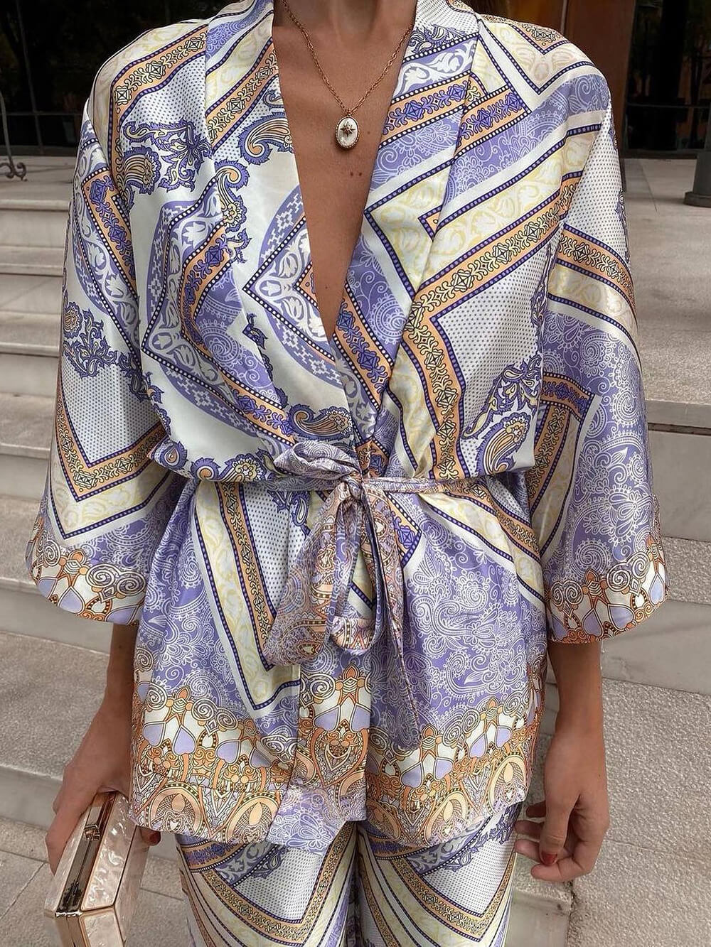 Elegant Unique Pattern Printed Belted Loose Lapel Top Purple
