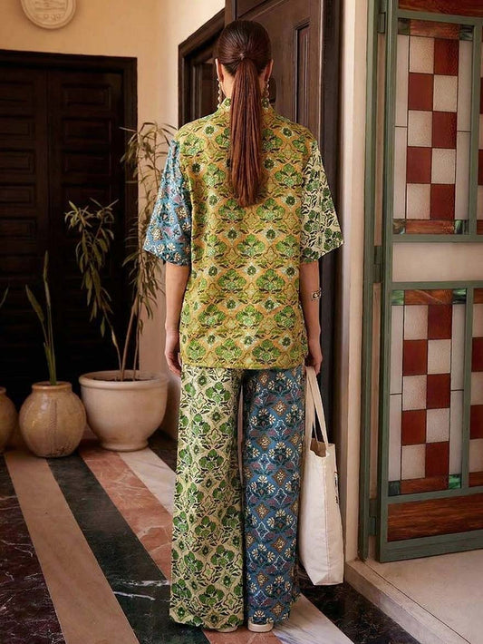 Retro Art Print Shirt & Wide-Leg Pants Two-Piece Set