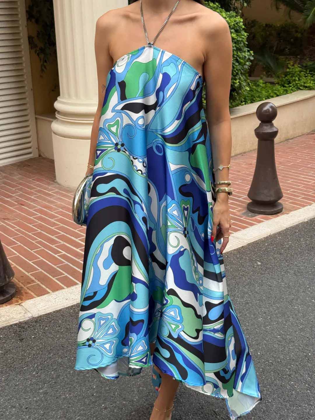Elegant Halterneck Abstract Floral Print Midi Dress Blue