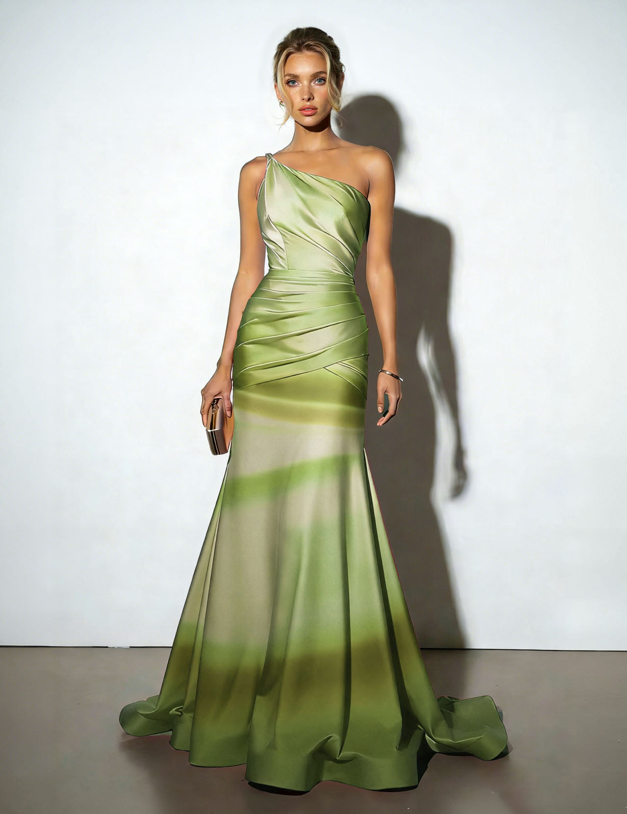 Elegant Satin Abstract Print Maxi Dress Green