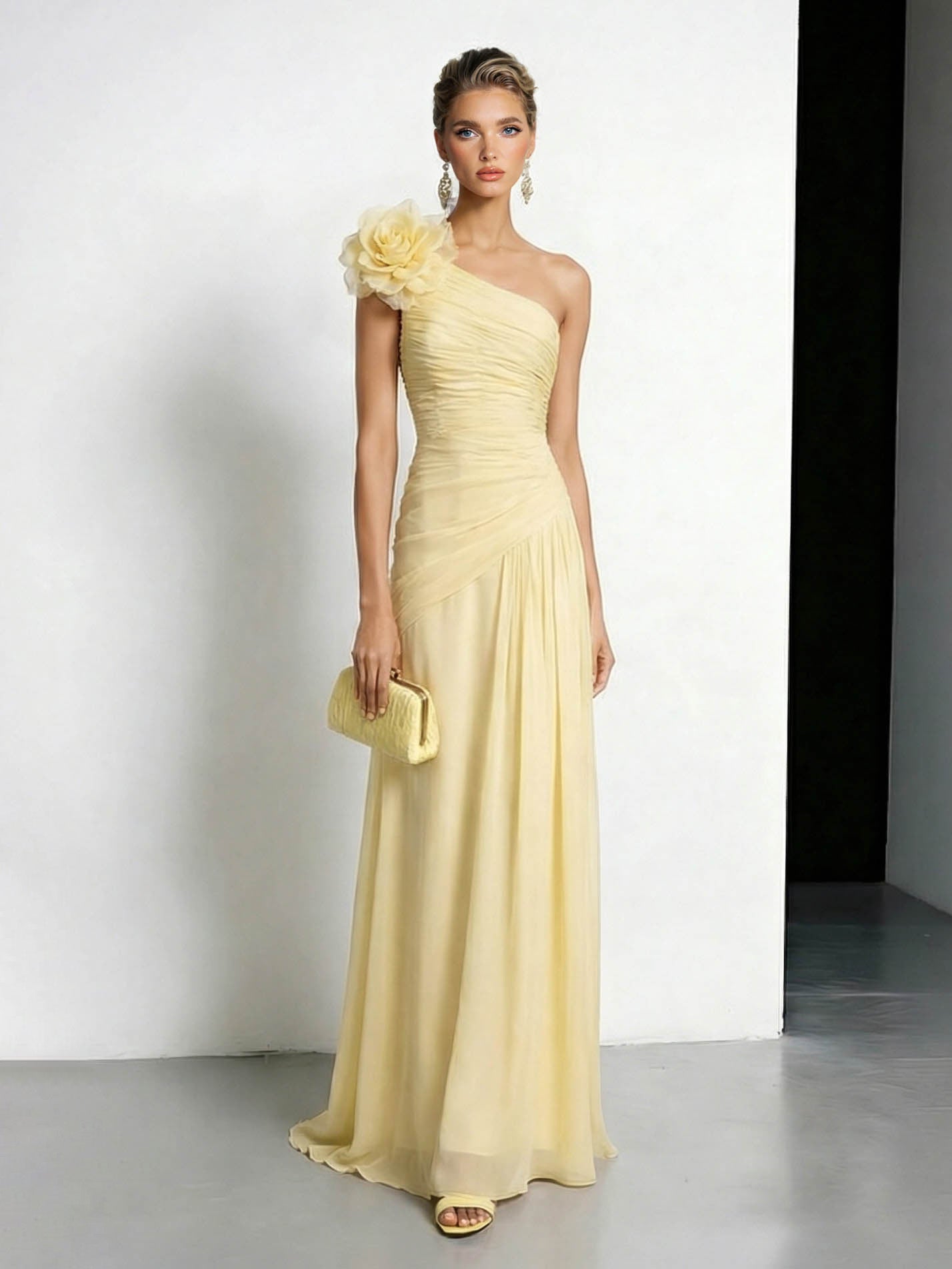 Elegant One-shoulder Ruffled Chiffon Maxi Dress Yellow