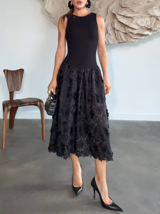 Exquisite Lace Embroidered Sleeveless Midi Dress Black