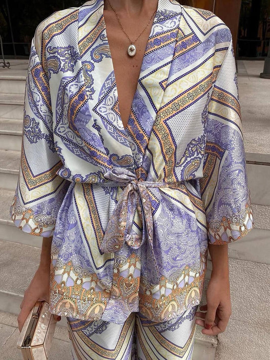 Elegant Unique Pattern Print Elastic Waist Loose Straight Pants
