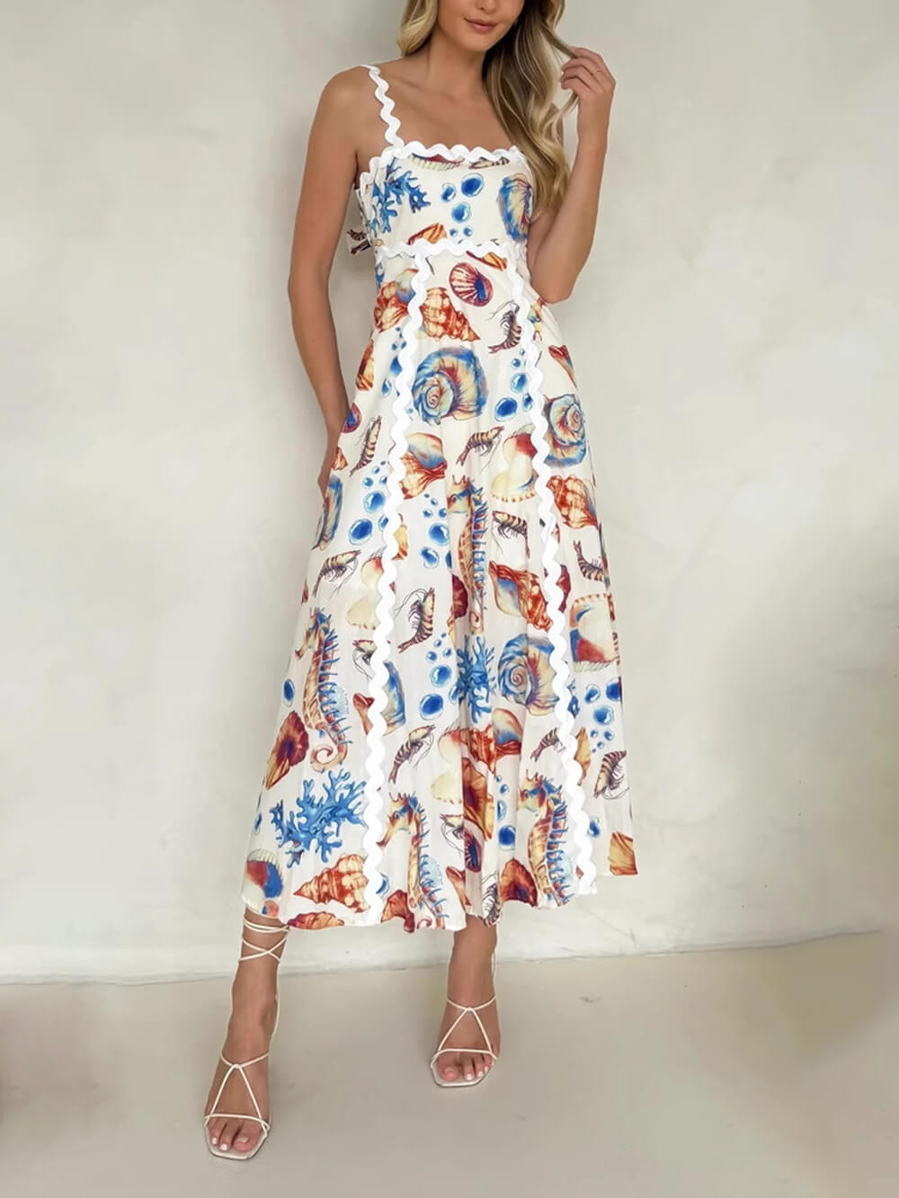 Casual Printed Suspenders Patchwork Loose Holiday Maxi Dress Multicolor