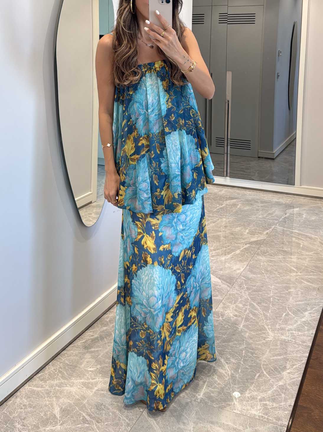 Blooming Garden Floral Two-Piece Cami Top And Maxi Skirt Set Blue