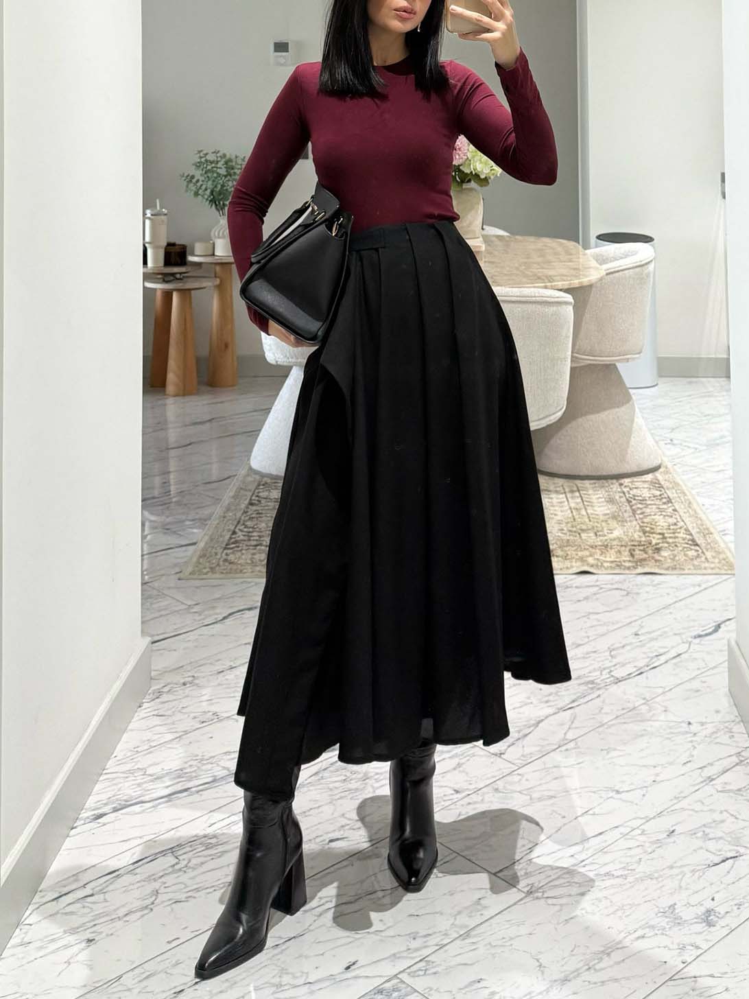 Exquisite Pleated Flared Midi Skirt Two-Piece Set Black Set