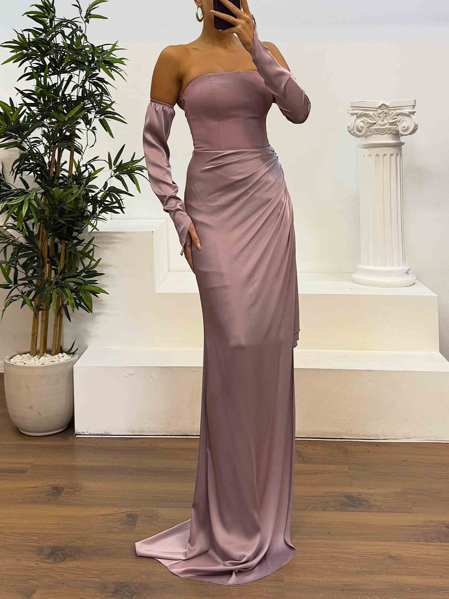 Elegant Strapless Satin Evening Maxi Dress Light Purple
