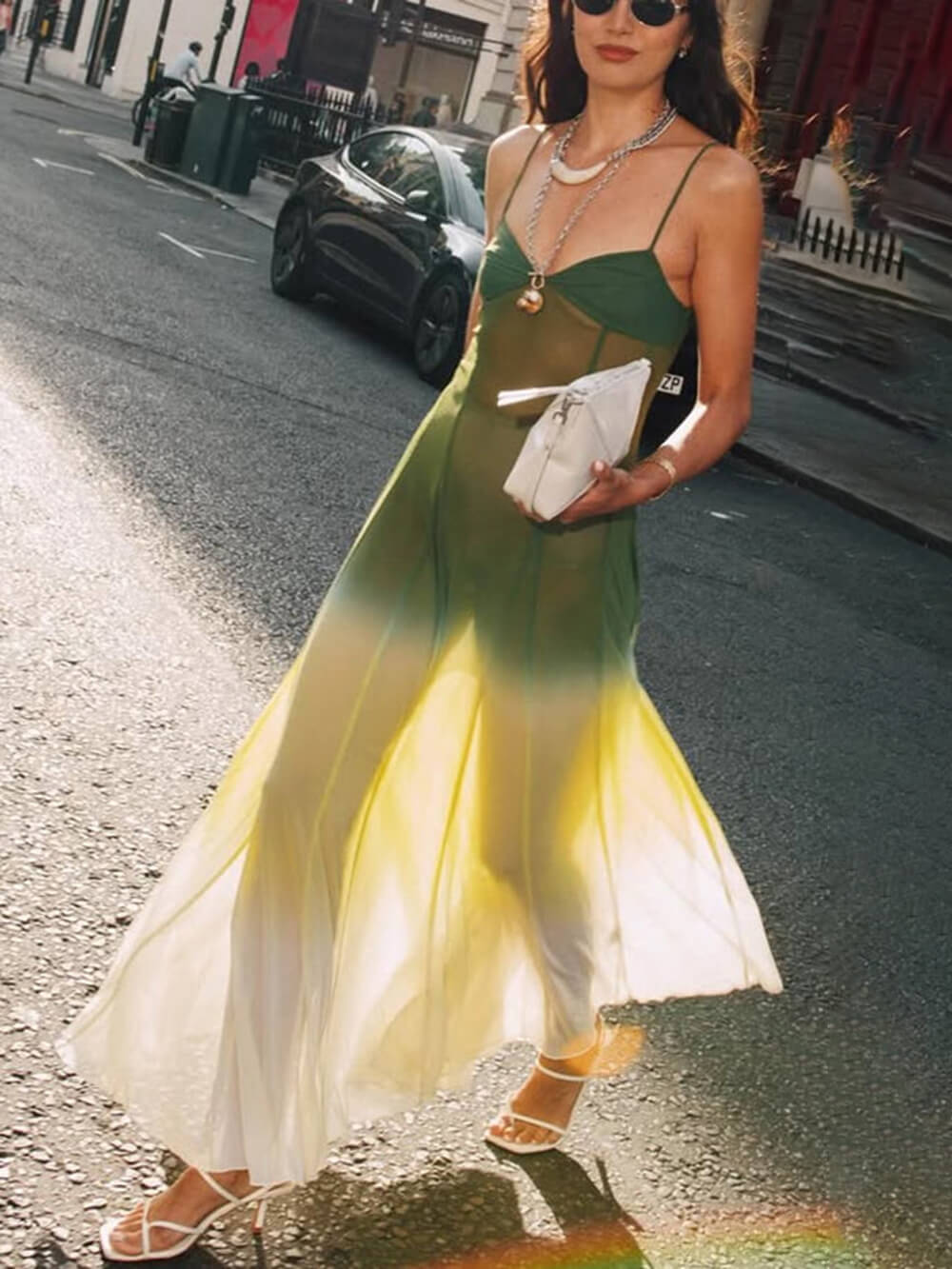 Exquisite See-through Tulle Ombre Print Slip Maxi Dress Green