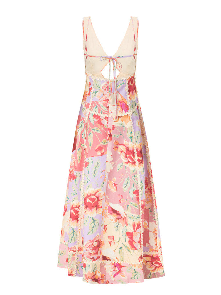 Exquisite Printed Cutout V-Neck Lace Trim Maxi Dress