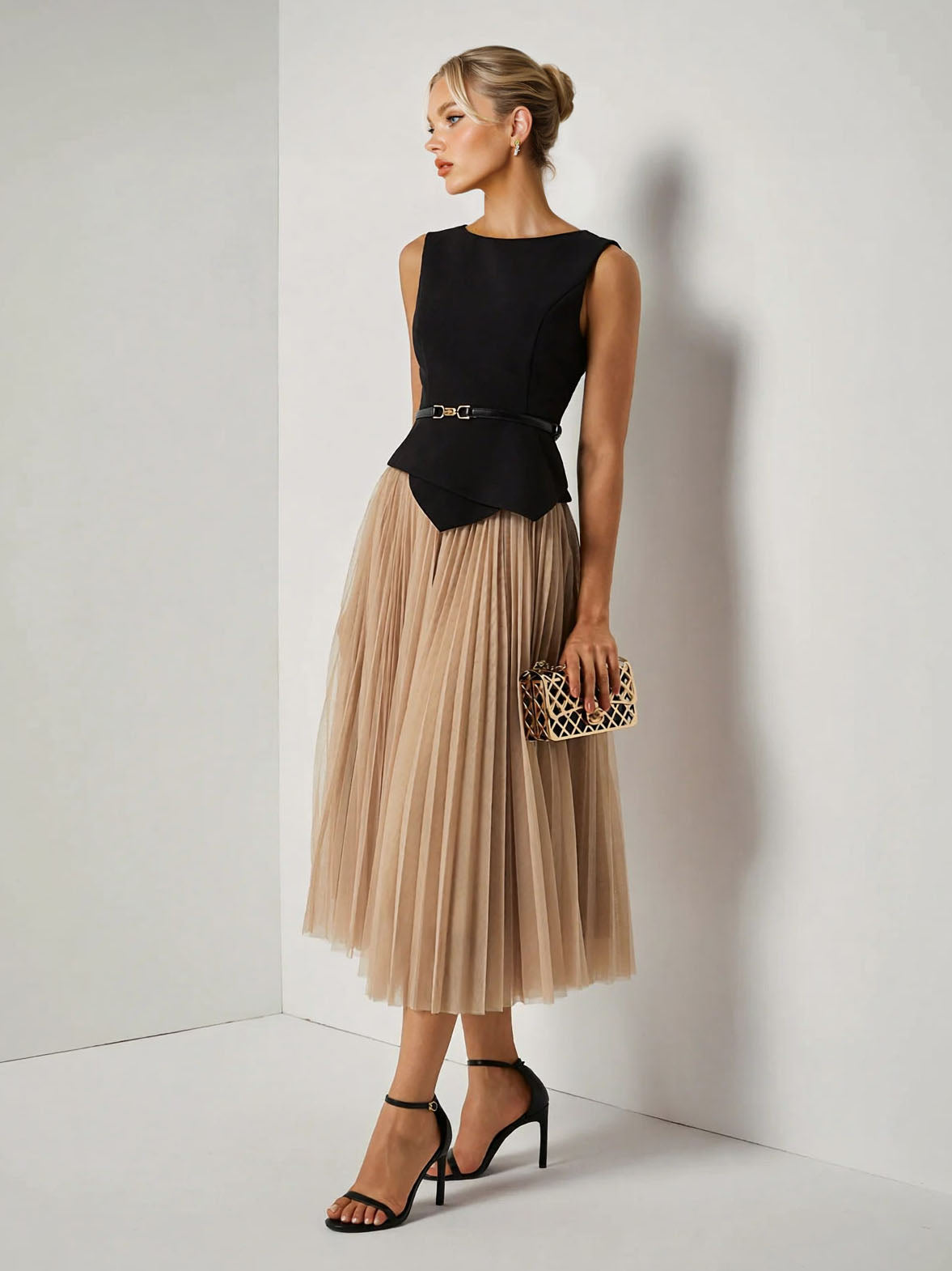Elegant Asymmetrical Boat Neck Top & Skirt Two-Piece Set Apricot
