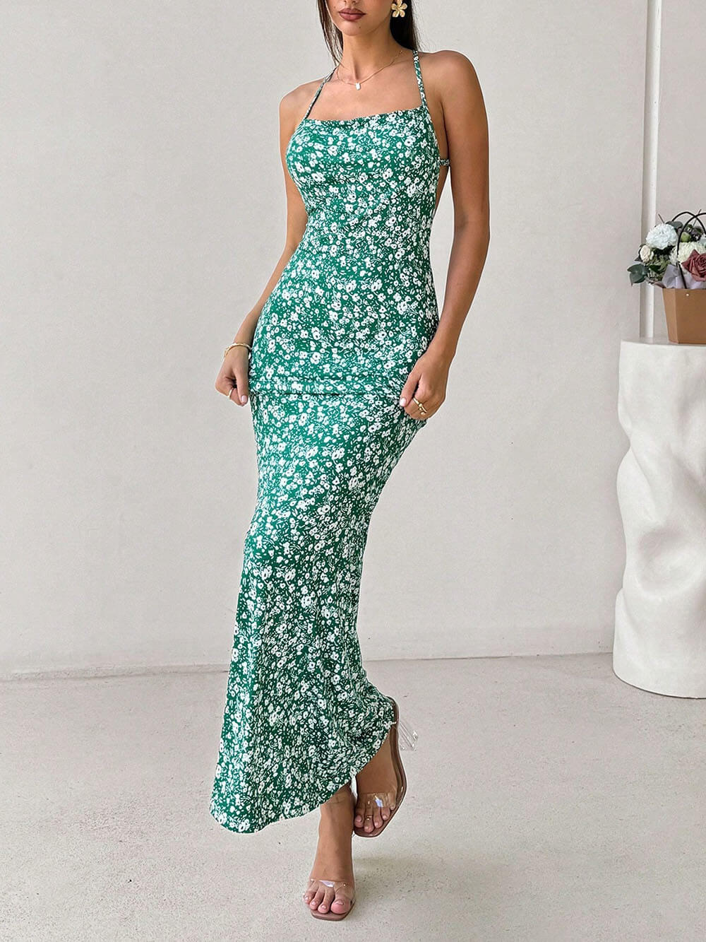 Sweet And Fresh Halter Back Floral Print Holiday Style Maxi Dress Green