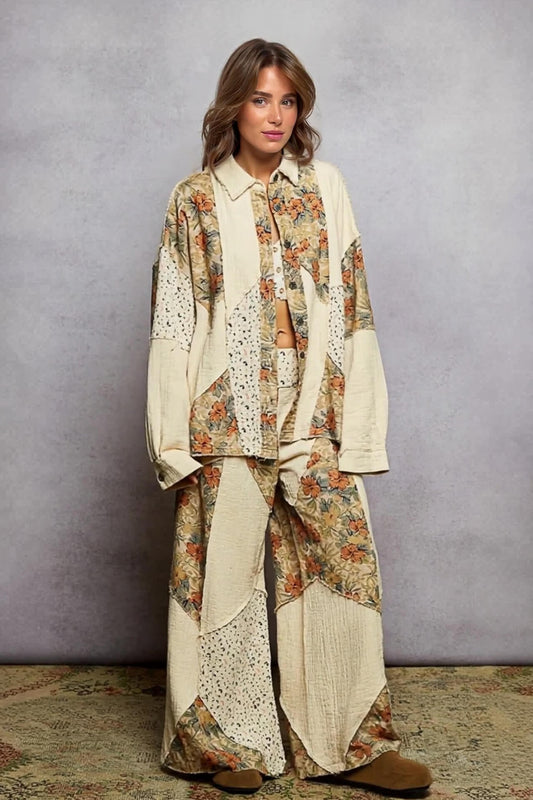 Bohemian Floral Print Patchwork Wide-Leg Pants