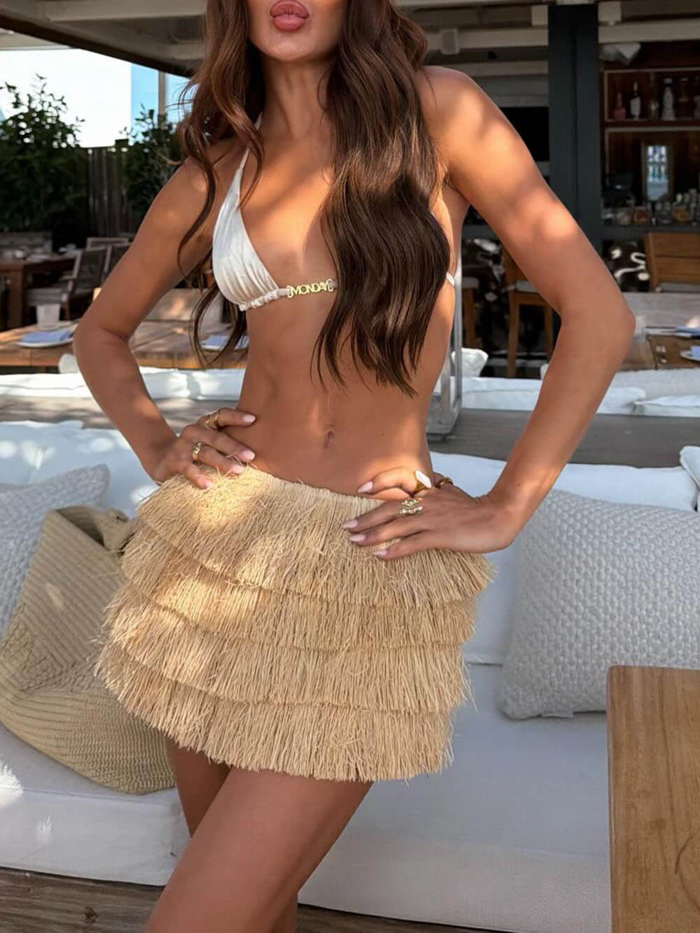 Bohemian Layered Fringe Woven Mini Skirt Khaki