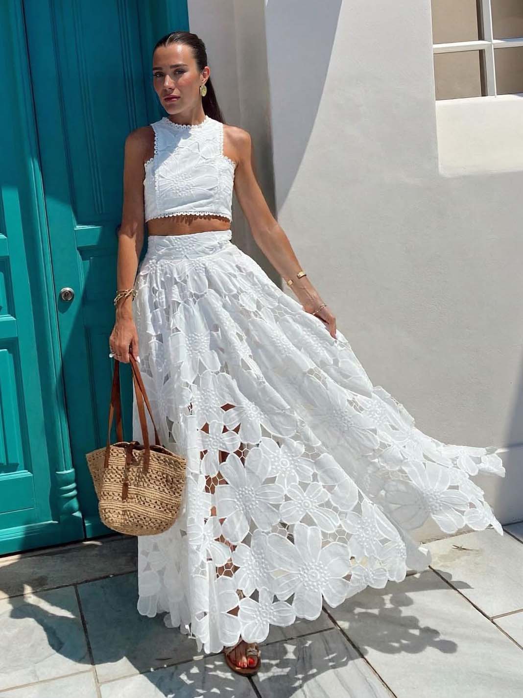 Elegant Openwork Floral Lace Short Vest Two-piece Set White