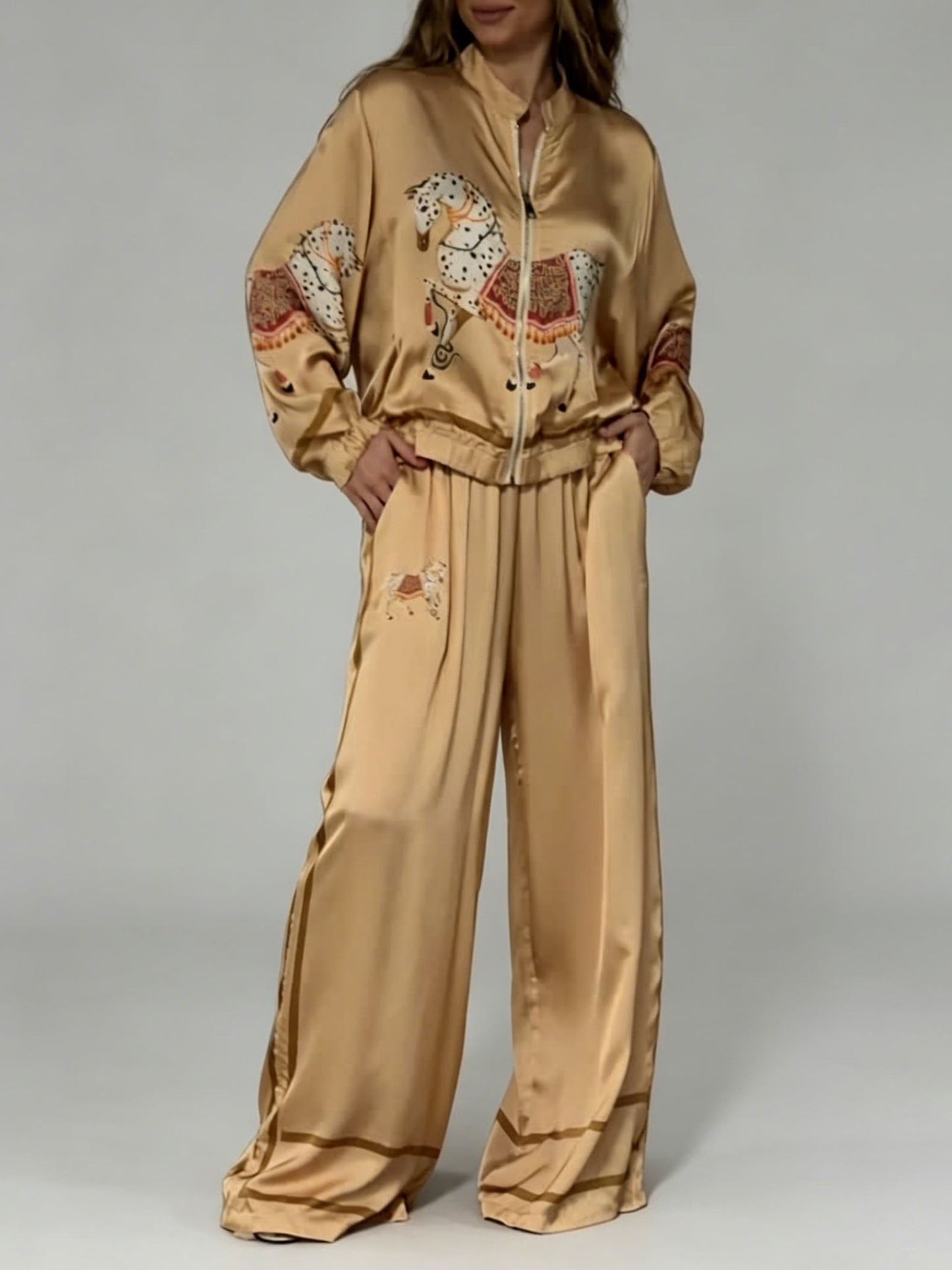 Exquisite Satin Horse Print Zip Jacket & Wide-Leg Pants Two-Piece Set Gold Set
