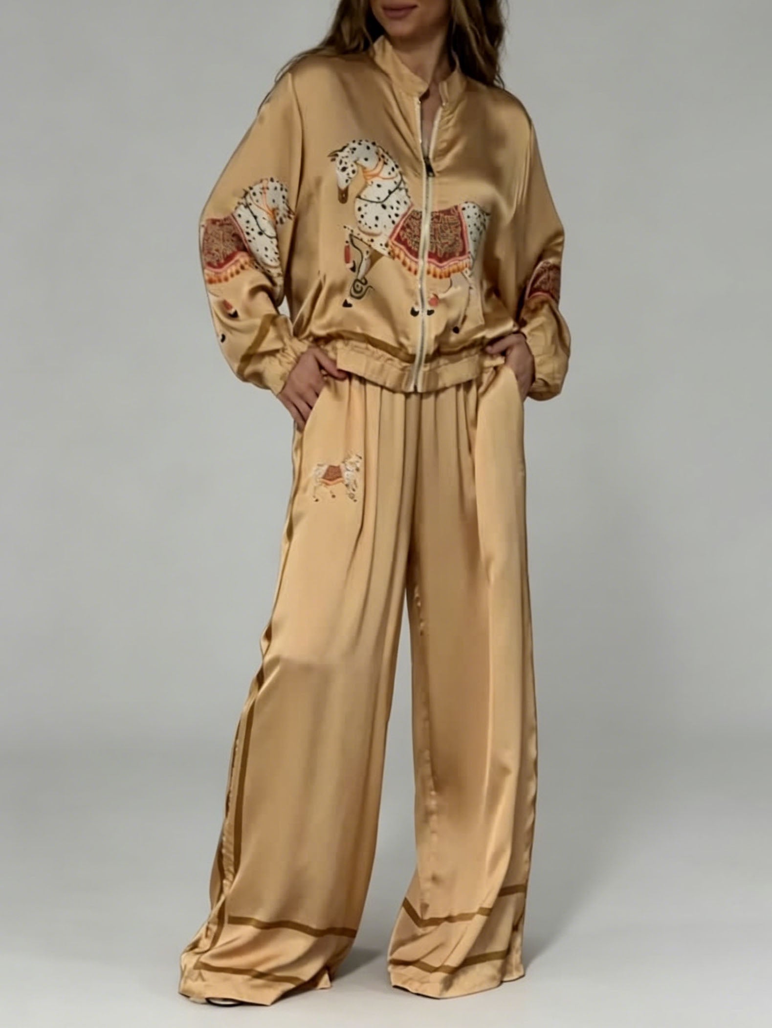 Exquisite Satin Horse Print Zip Jacket & Wide-Leg Pants Two-Piece Set Gold Set