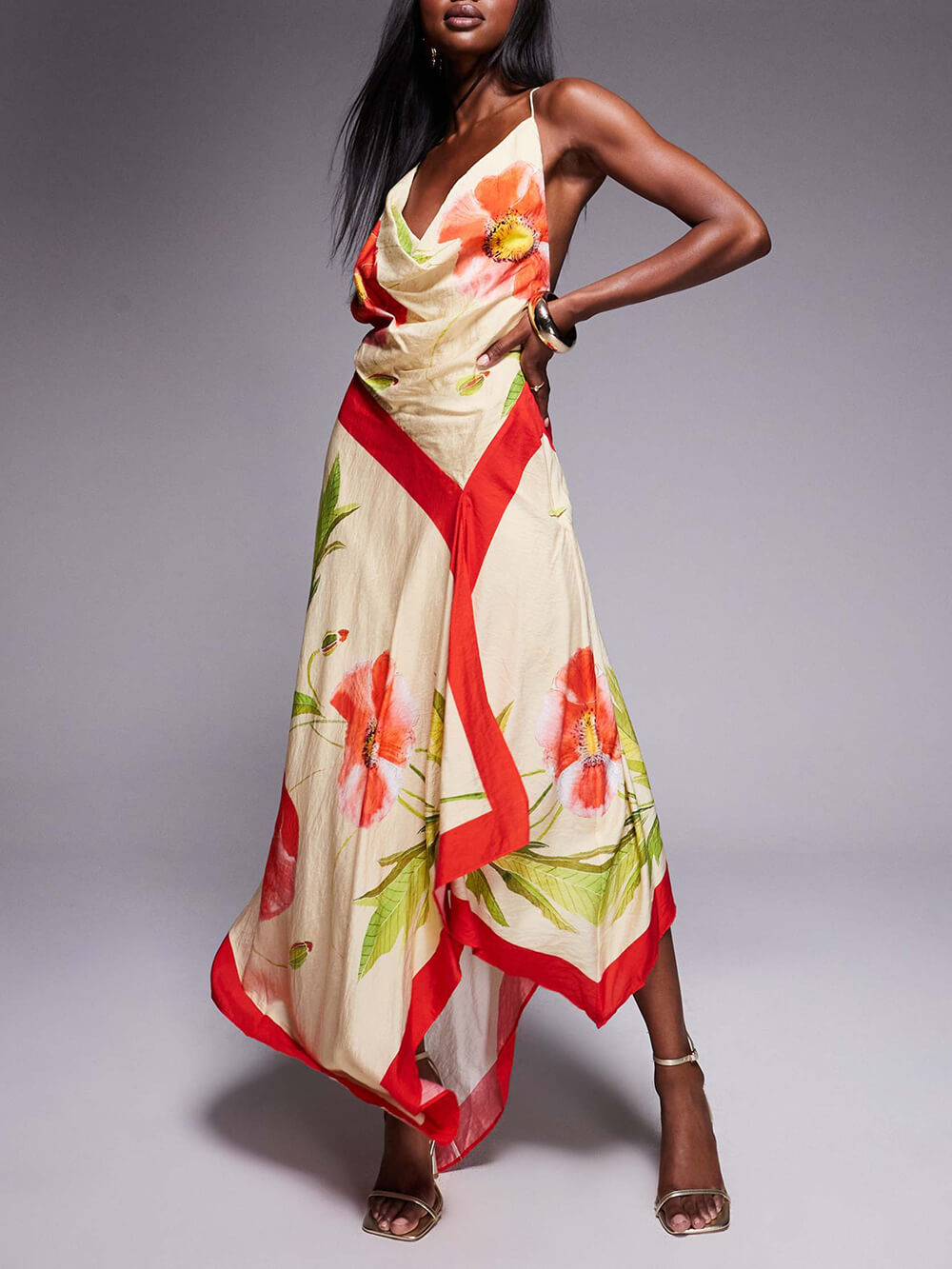 Elegant Unique Print Deep Pleated Asymmetric Backless Maxi Dress Multicolor