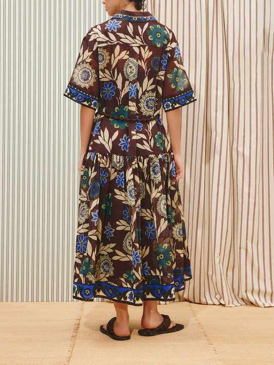 Retro Print Button-Front With Braided Rope Belt Maxi Shirtdress