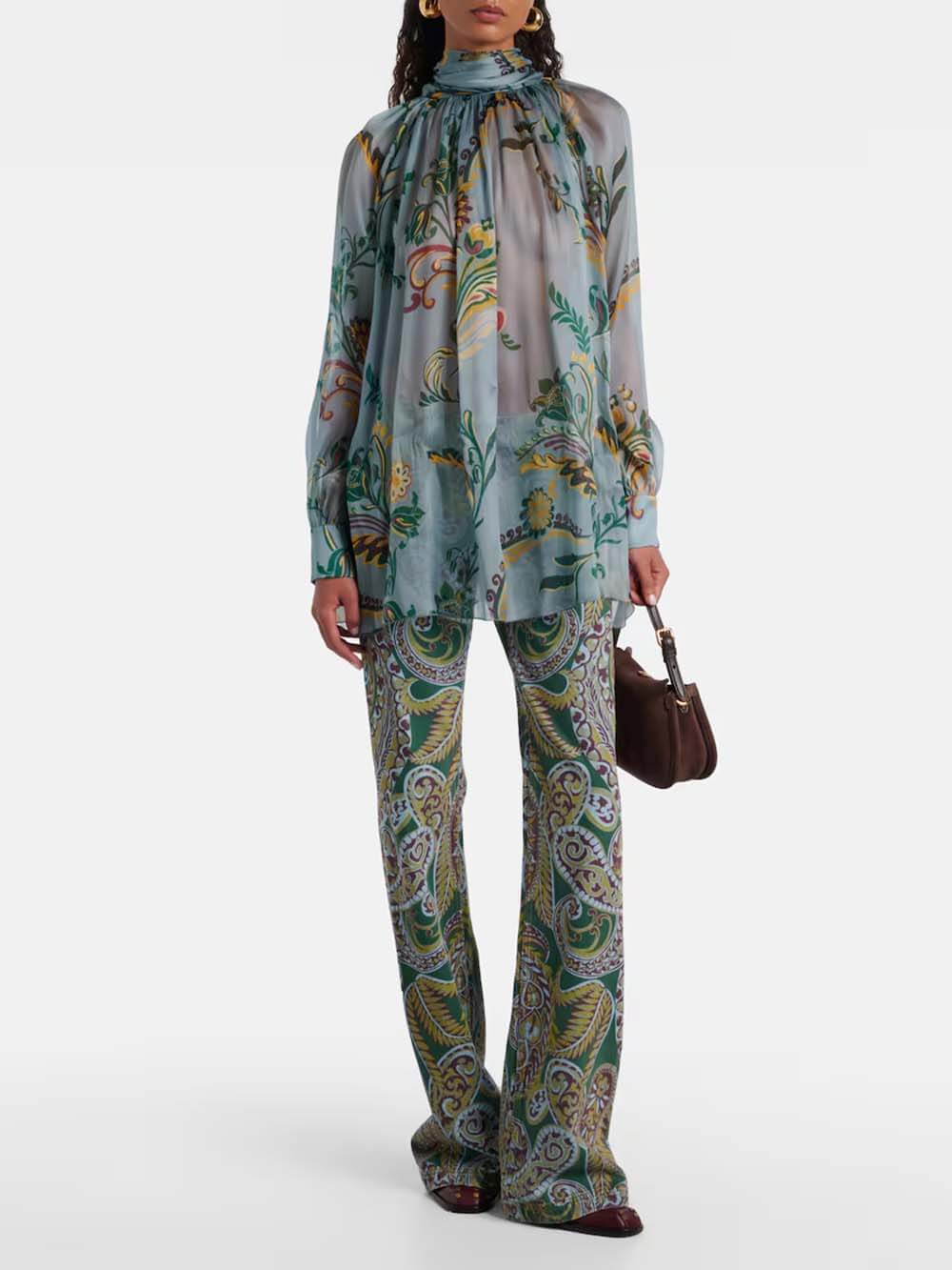 Delicate Floral Pleated Chiffon Blouse High-Waist Straight-Leg Pants Set Blue Suit