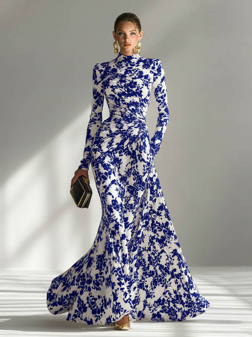 Casual Abstract Print High-Neck Pleated Mermaid Maxi Dress Blue