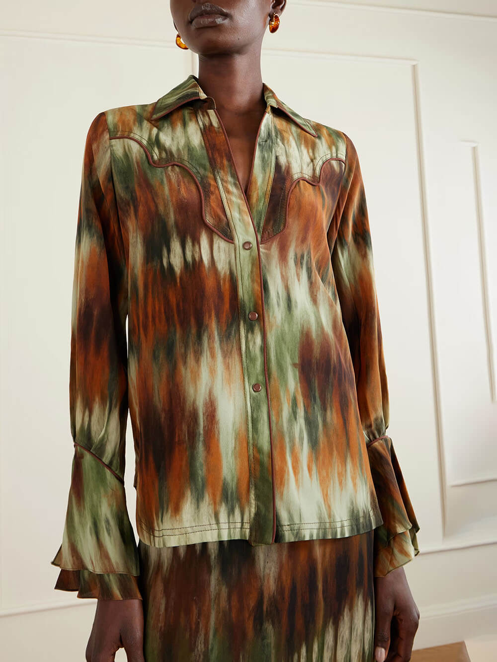 Exquisite Tie-Dye Floral Ruffle Sleeve Shirt Multi