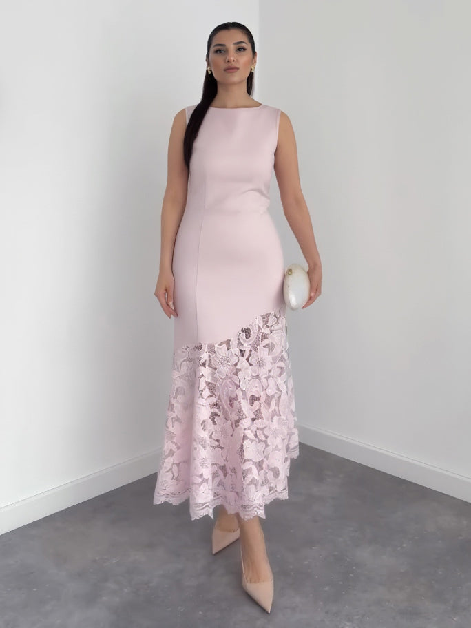 Elegant Sleeveless Lace Hem Mermaid Maxi Dress Pink