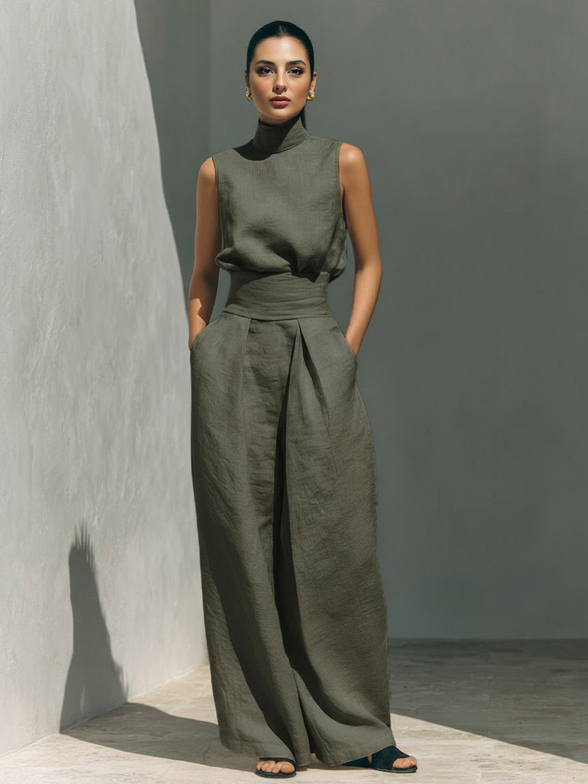Elegant Linen High-Neck Top & Wide-Leg Pants Two-Piece Set Green