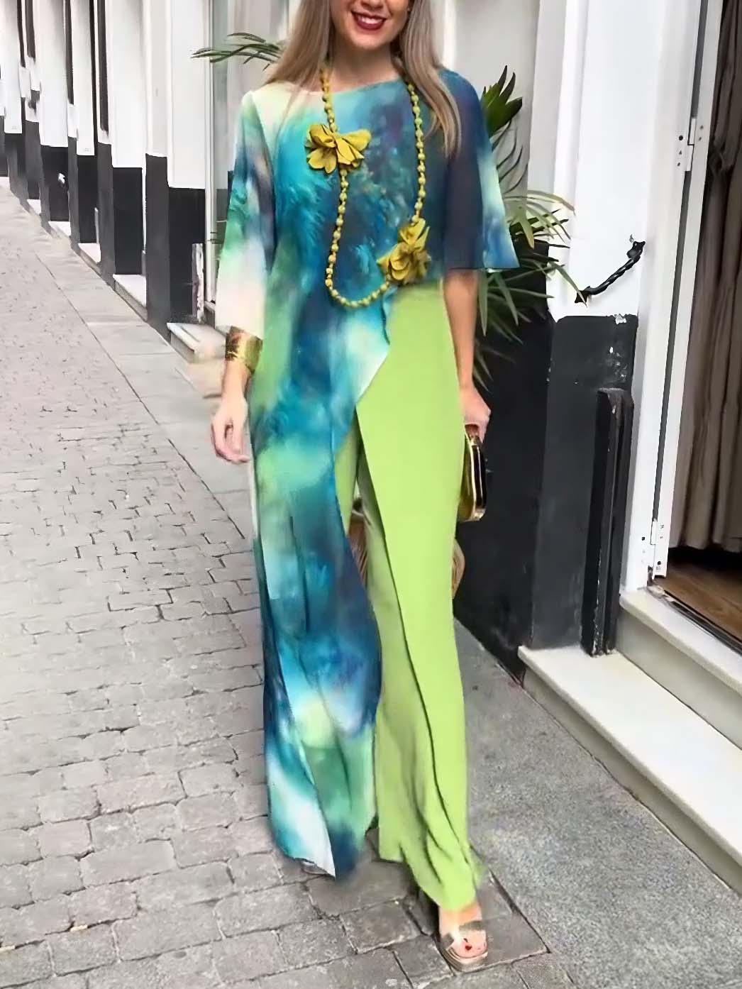 Abstract Watercolor Print Asymmetrical Two-piece Set Green Set