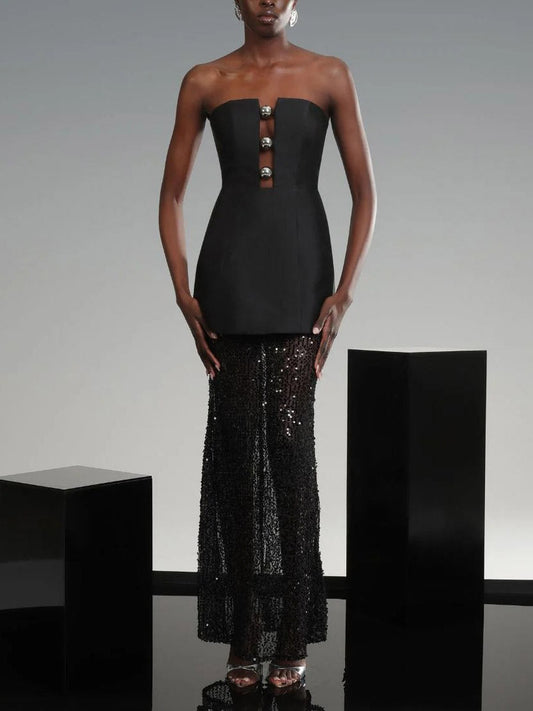 Elegant Bandeau Neck Sequined Maxi Dress
