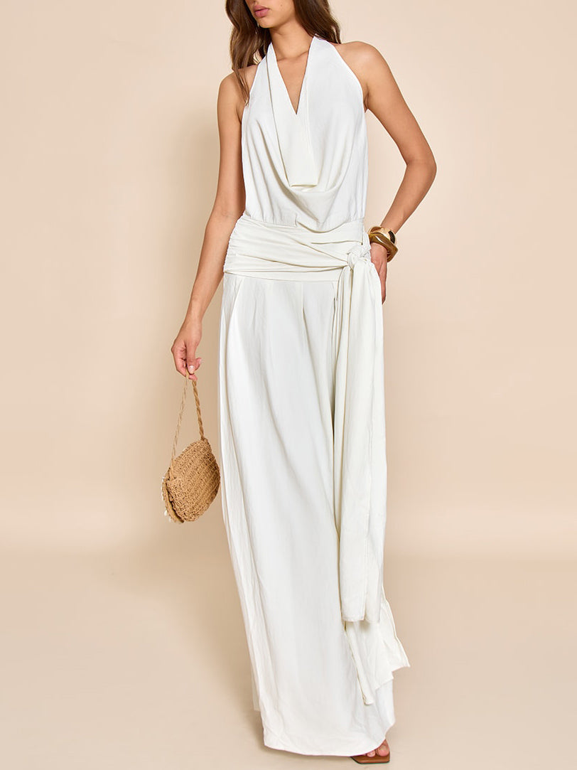 Elegant Scarf Neck Low Back Maxi Dress White