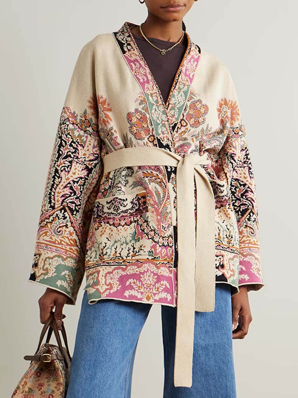 Classic Unique Print Belted Cotton-Linen Jacquard Cardigan Cream