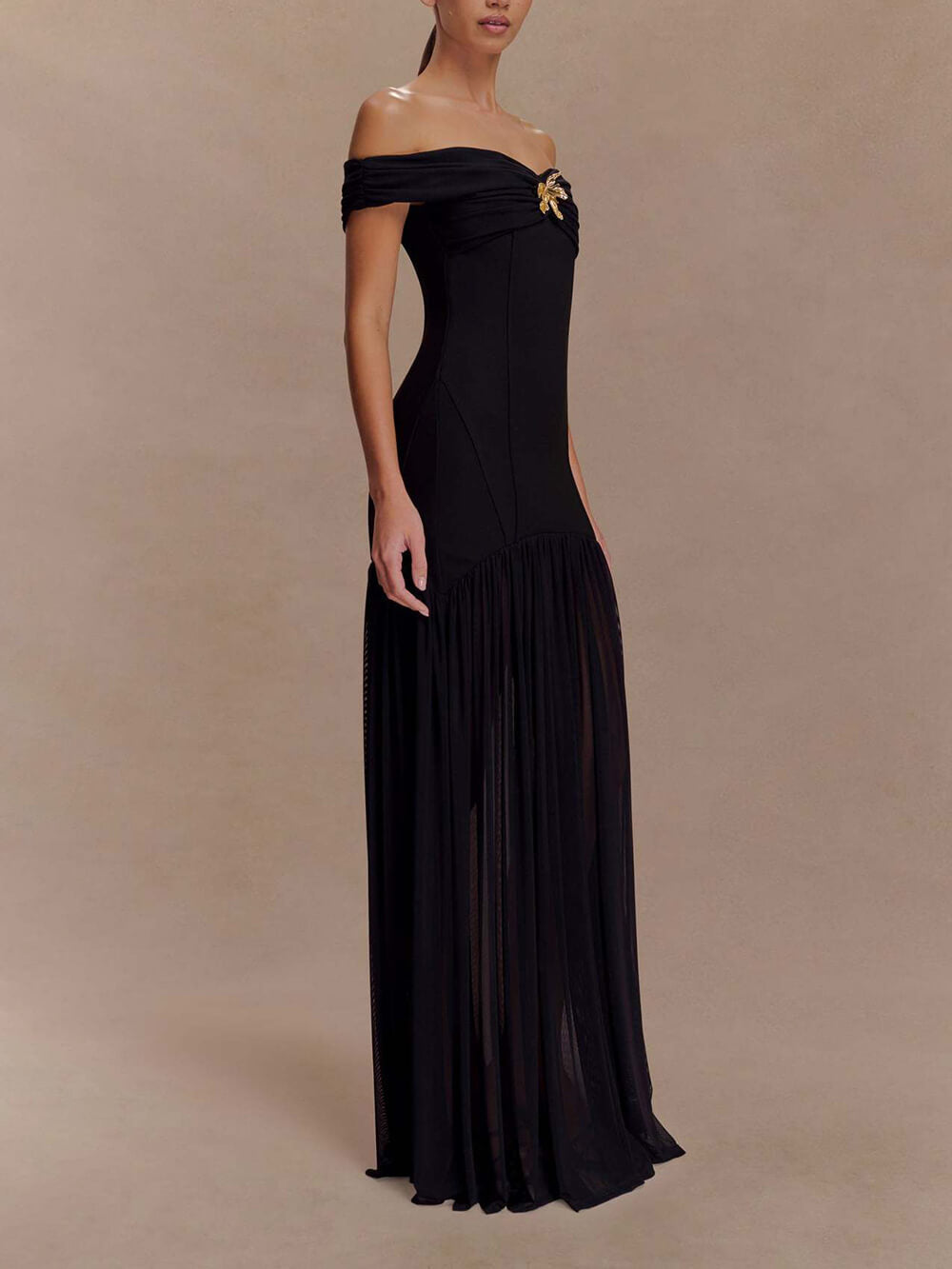 Elegant Floral-Embellished Strapless Bodycon Maxi Dress Black