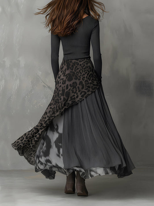 Casual Leopard Print Patchwork Irregular Hem Maxi Dress