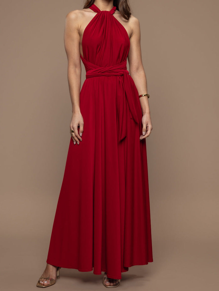 Elegant Halter Neck Draped Tie-Waist Maxi Dress Red
