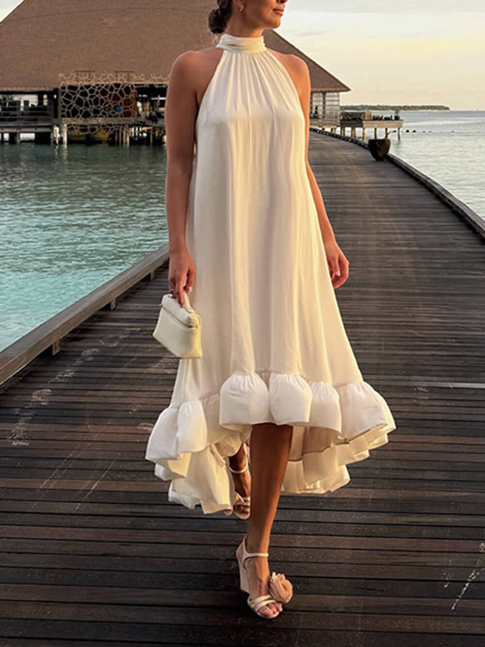 Elegant Ruffled Halter Neck Sleeveless Dress White