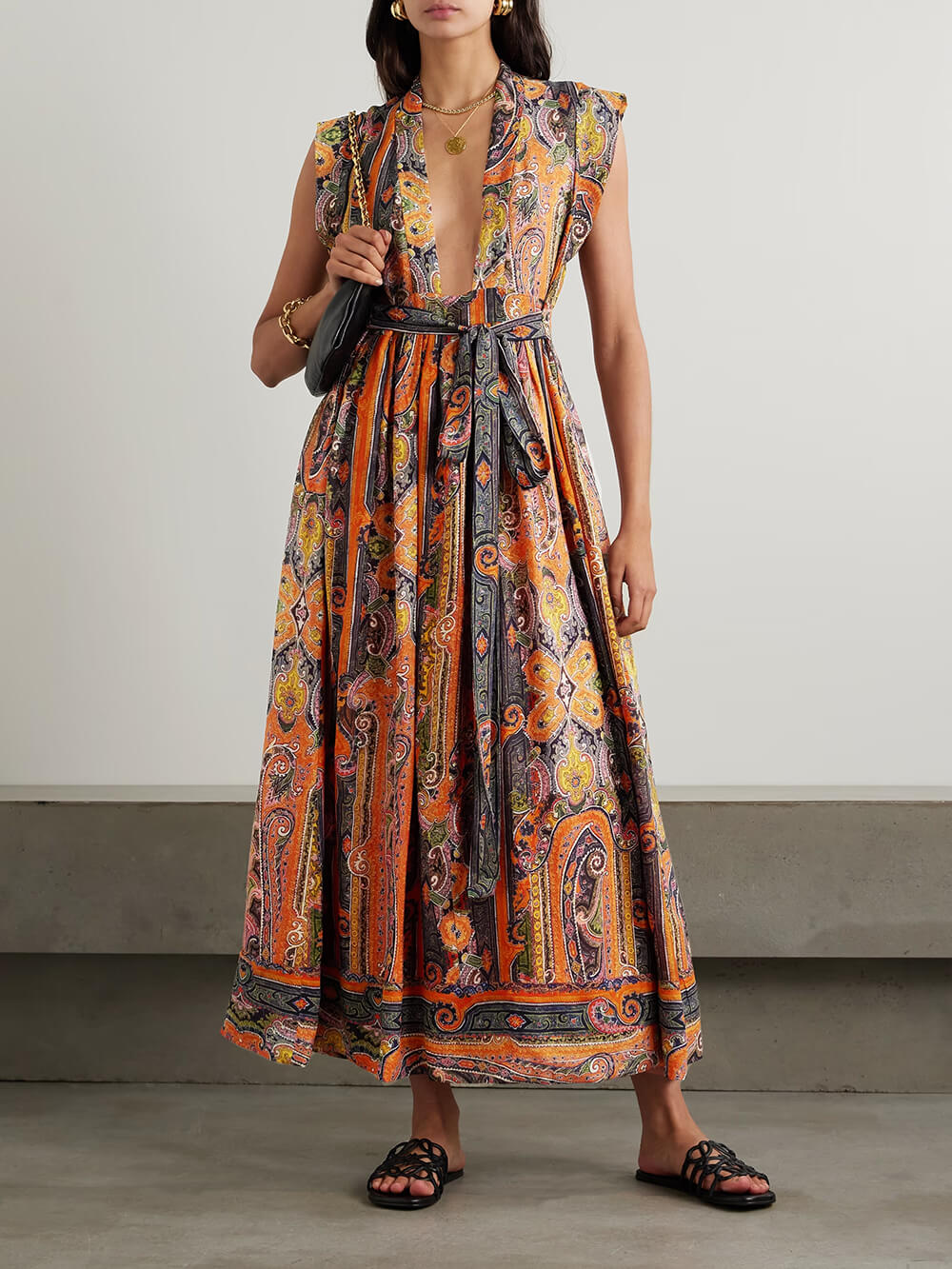 Delicate Belted Paisley Print Satin Maxi Dress Orange