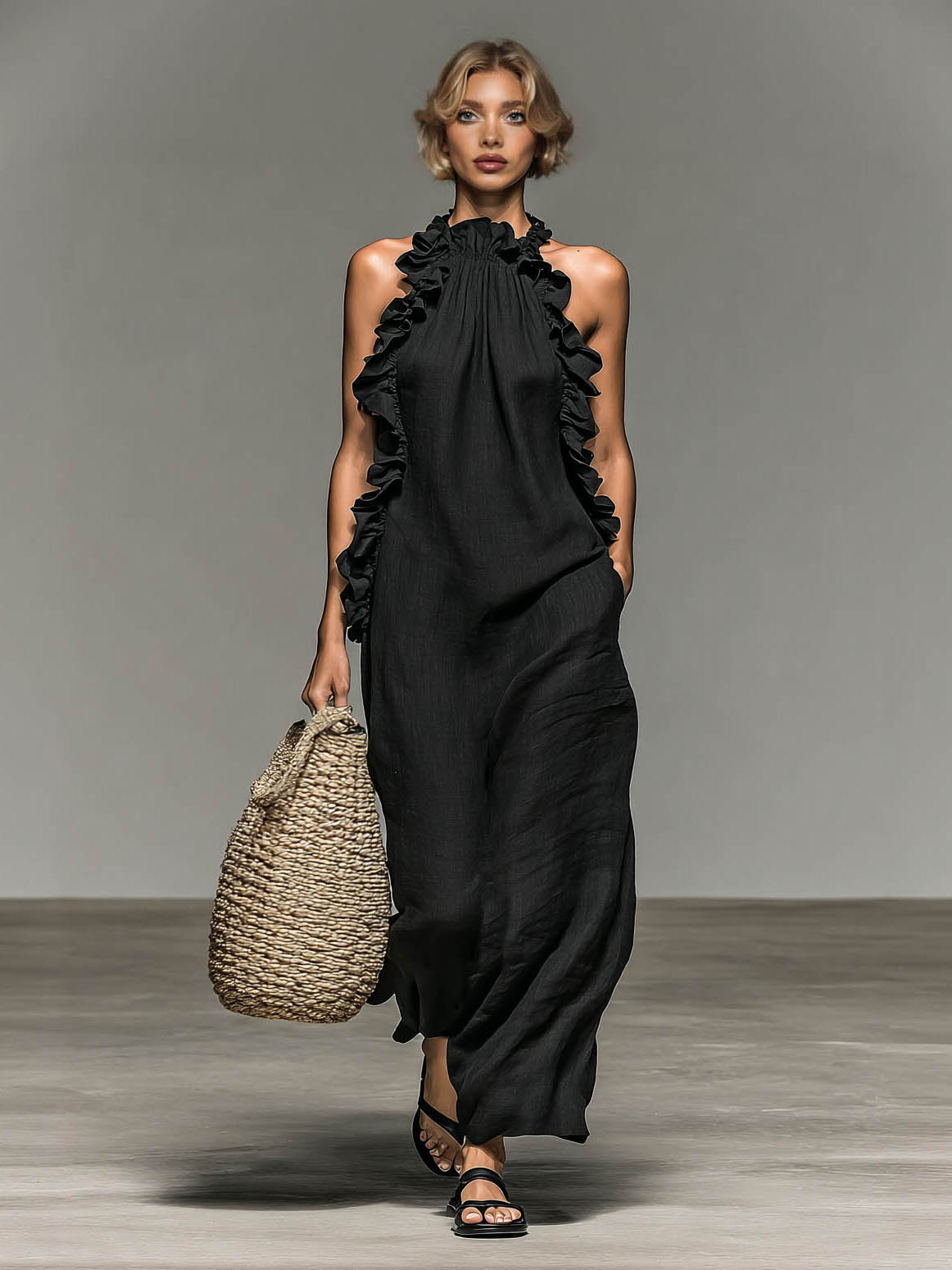 Elegant Ruffle Halter Neck Maxi Dress Black