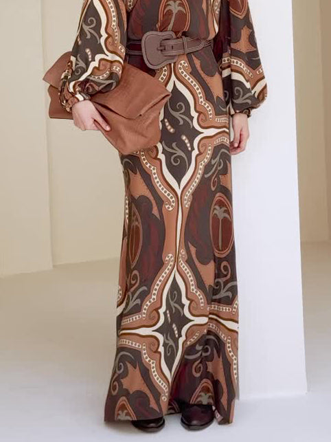 Retro Tung Palm Tree Print Long Skirt Brown