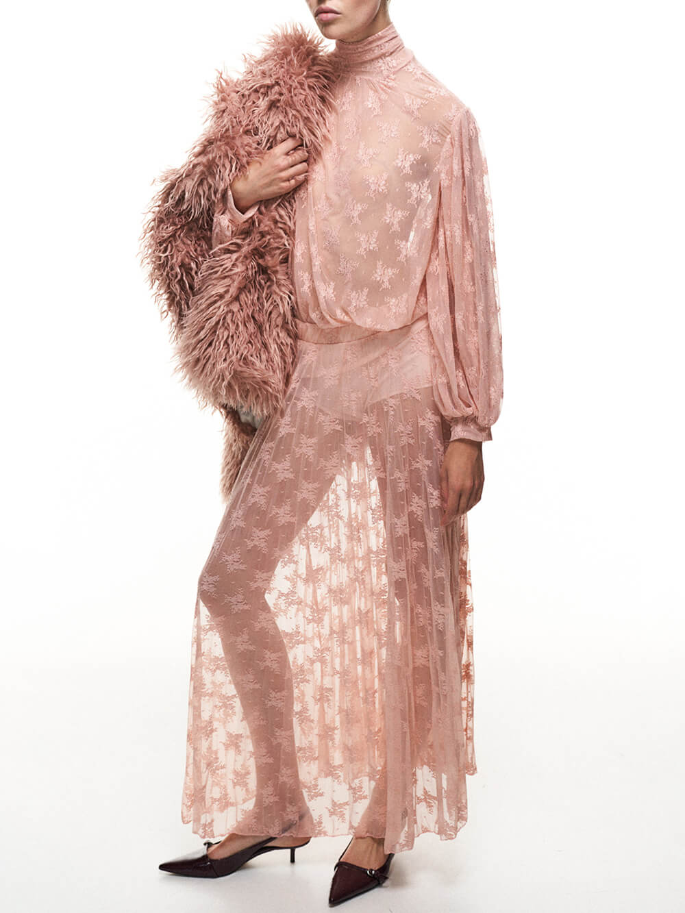 Elegant Mesh Pleated Lace Maxi Skirt