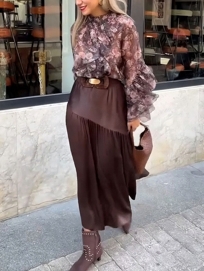 Elegant Floral Ruffled Chiffon Shirt And Skirt Two-piece Set Brown Set