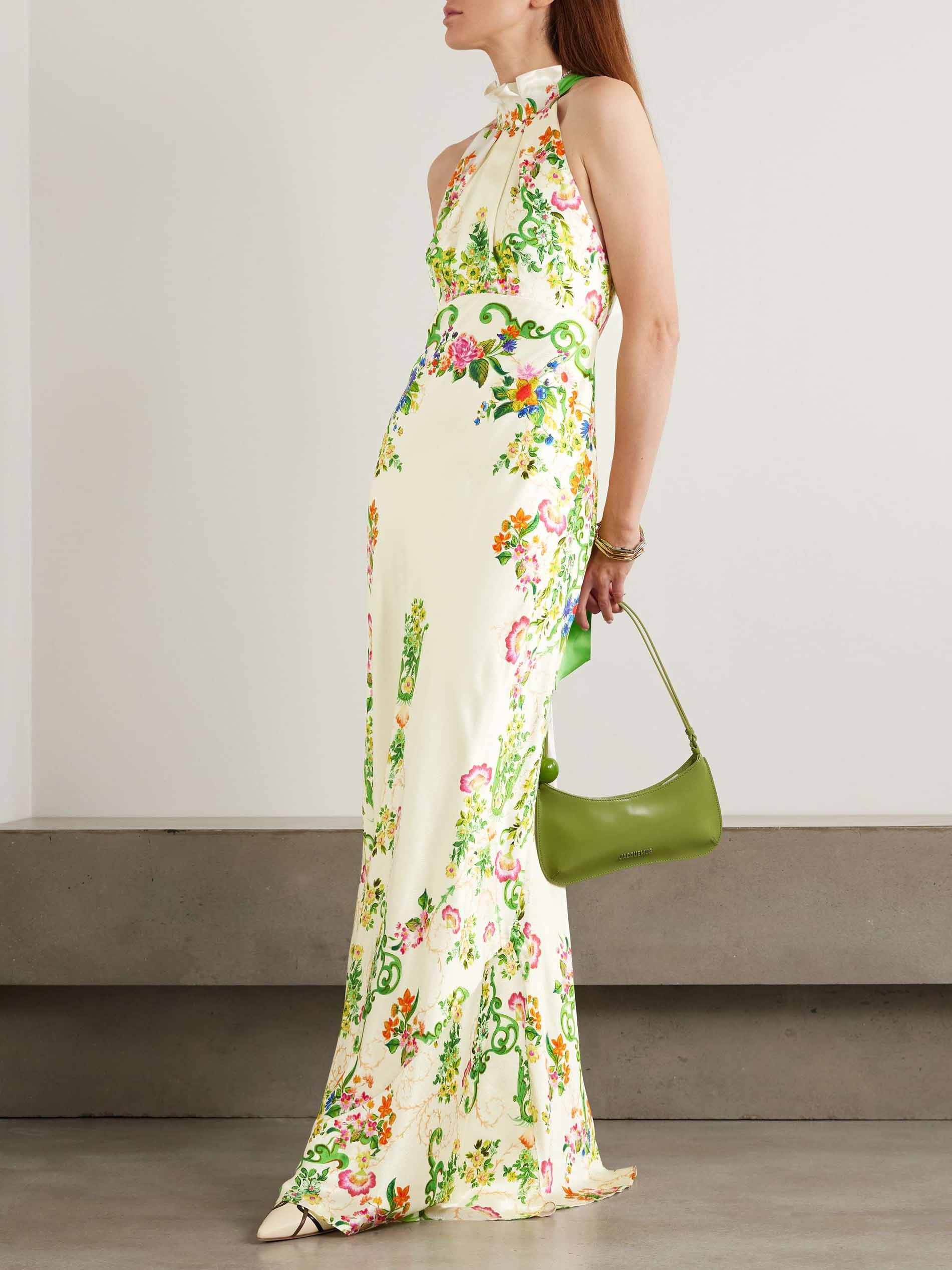 Elegant Refreshing Floral Print Halter Neck Maxi Dress Cream