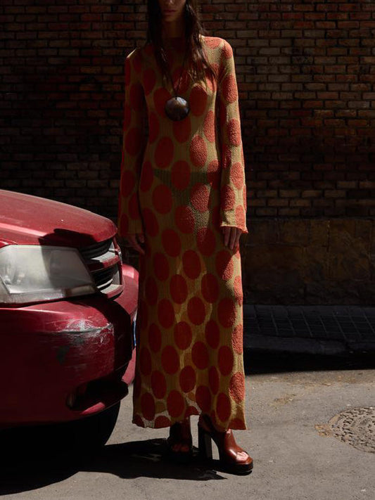 Elegant Polka Dot Print Slightly Sheer Open Back Maxi Dress