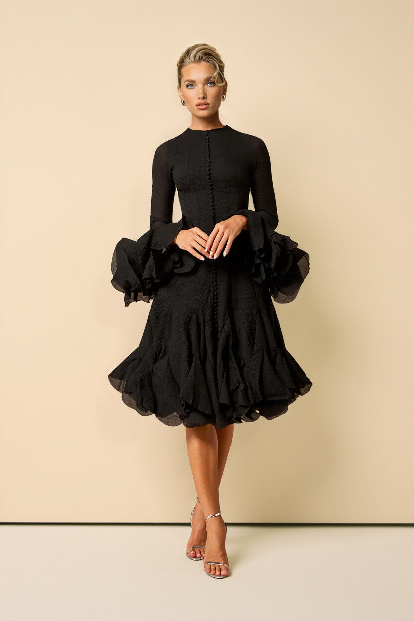 Elegant Black Ruffle-Trimmed Bell Sleeve Midi Dress Black
