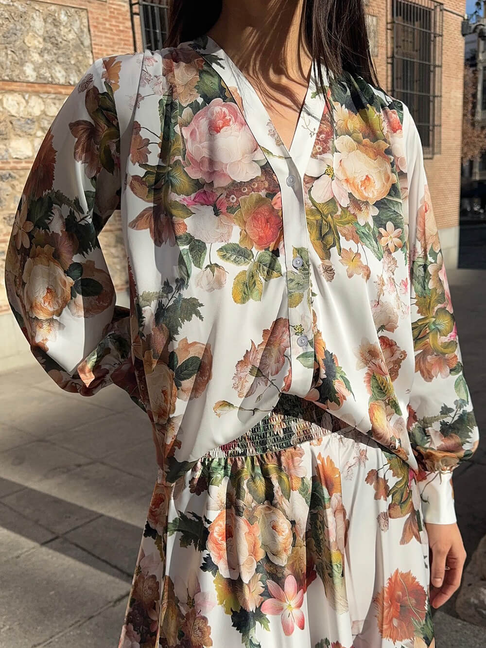 Elegant Floral Print Loose-Fit Button-Up Shirt Multicolor